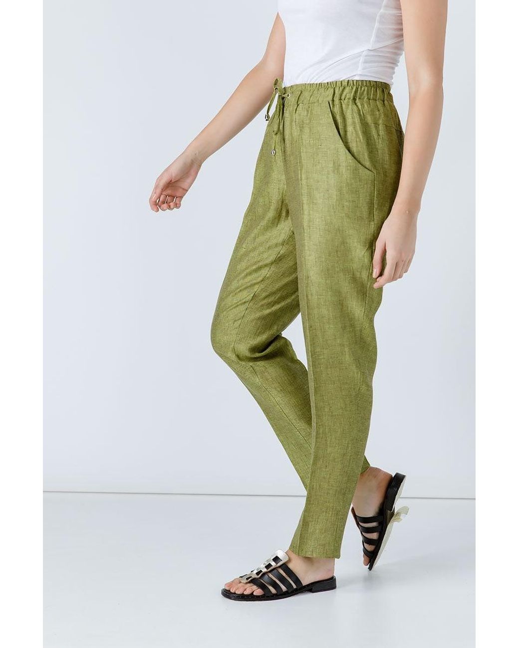 Conquista Green Linen Drawstring Pants