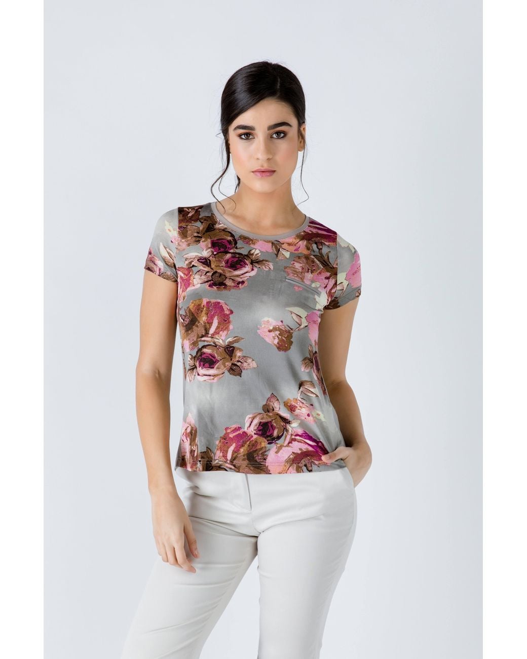 Conquista Brown Short Sleeve Floral Top