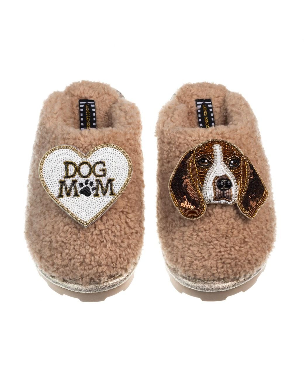 Laines London Brown Teddy Closed Toe Slippers With Beagle & Dog Mum Mom Brooches