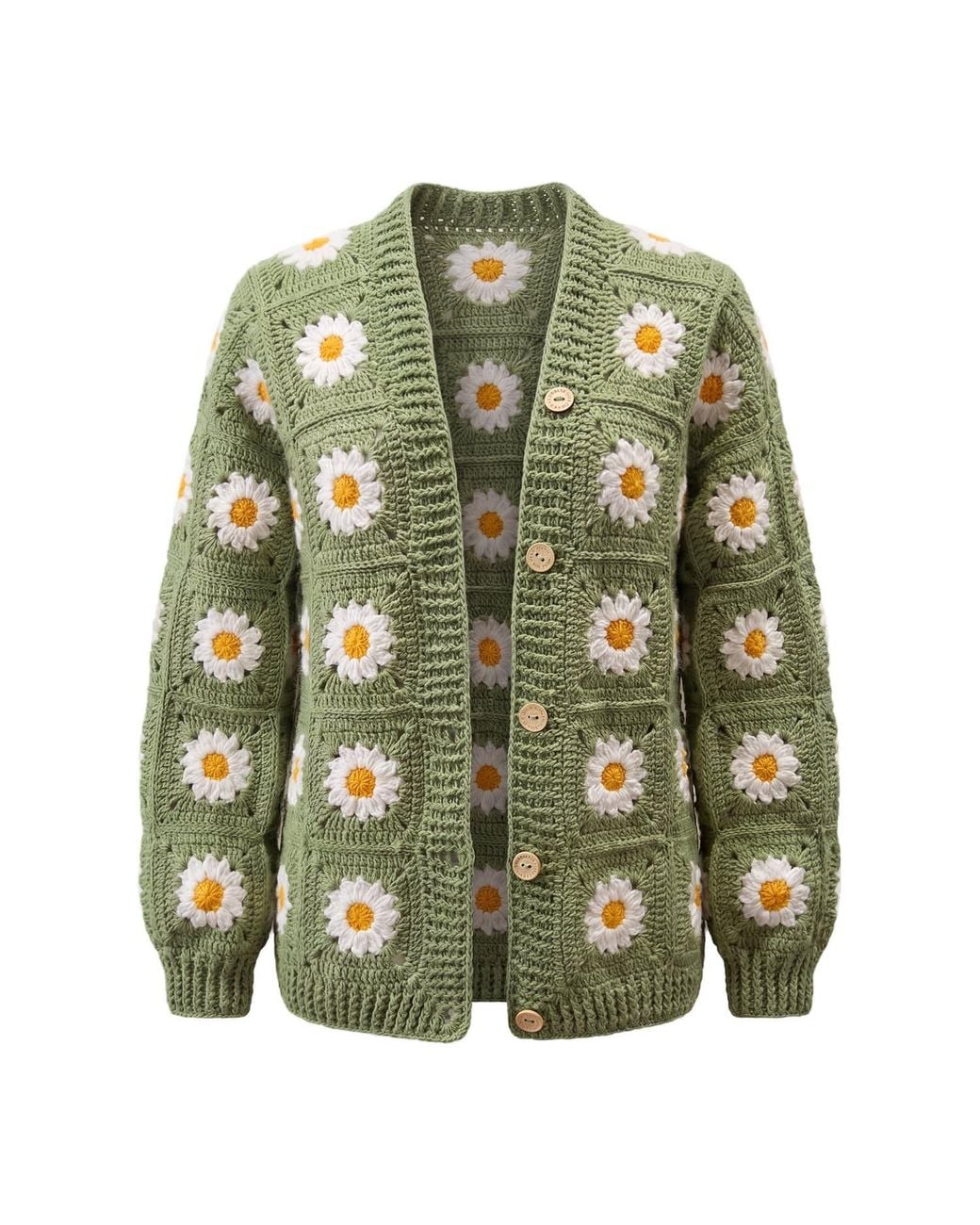 Ana Chic Green Sage Daisy Handmade Crochet Cardigan