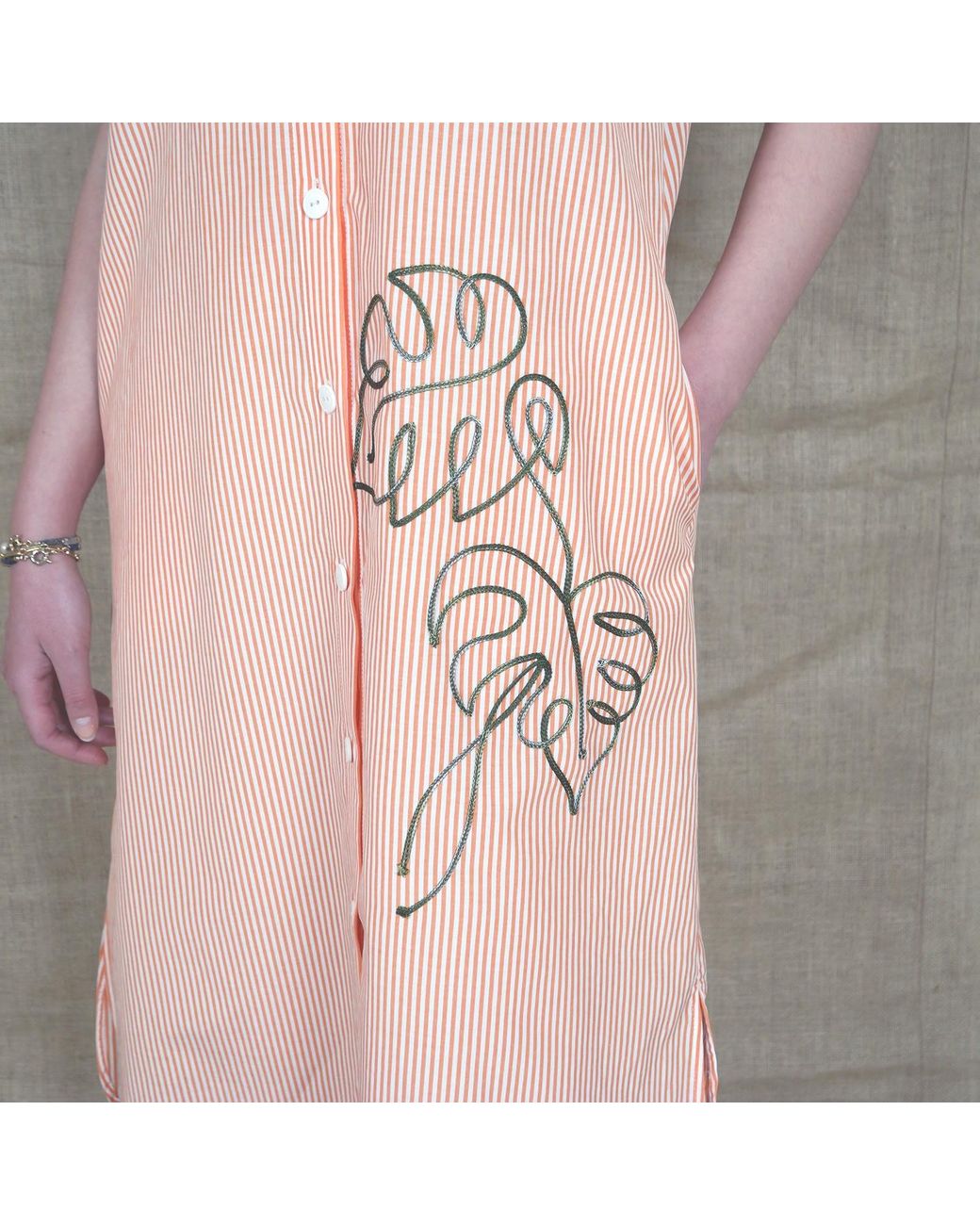 Lalipop Design Pink Pinstripe Cotton Shirtdress With Pineapple Embroidery