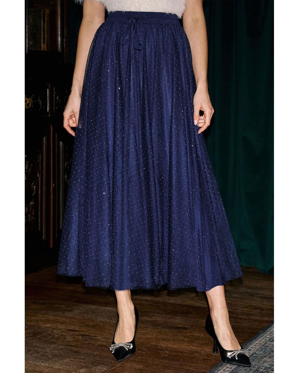 Yumi' Blue Diamonte Tulle Midi Skirt