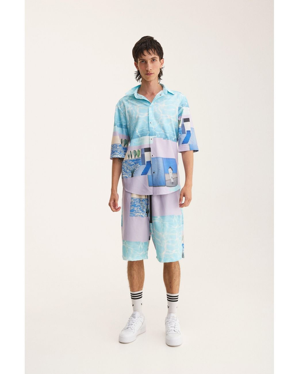 mysimplicated Blue Short Sleeve Shirt And Bermuda Set With Water Design for men