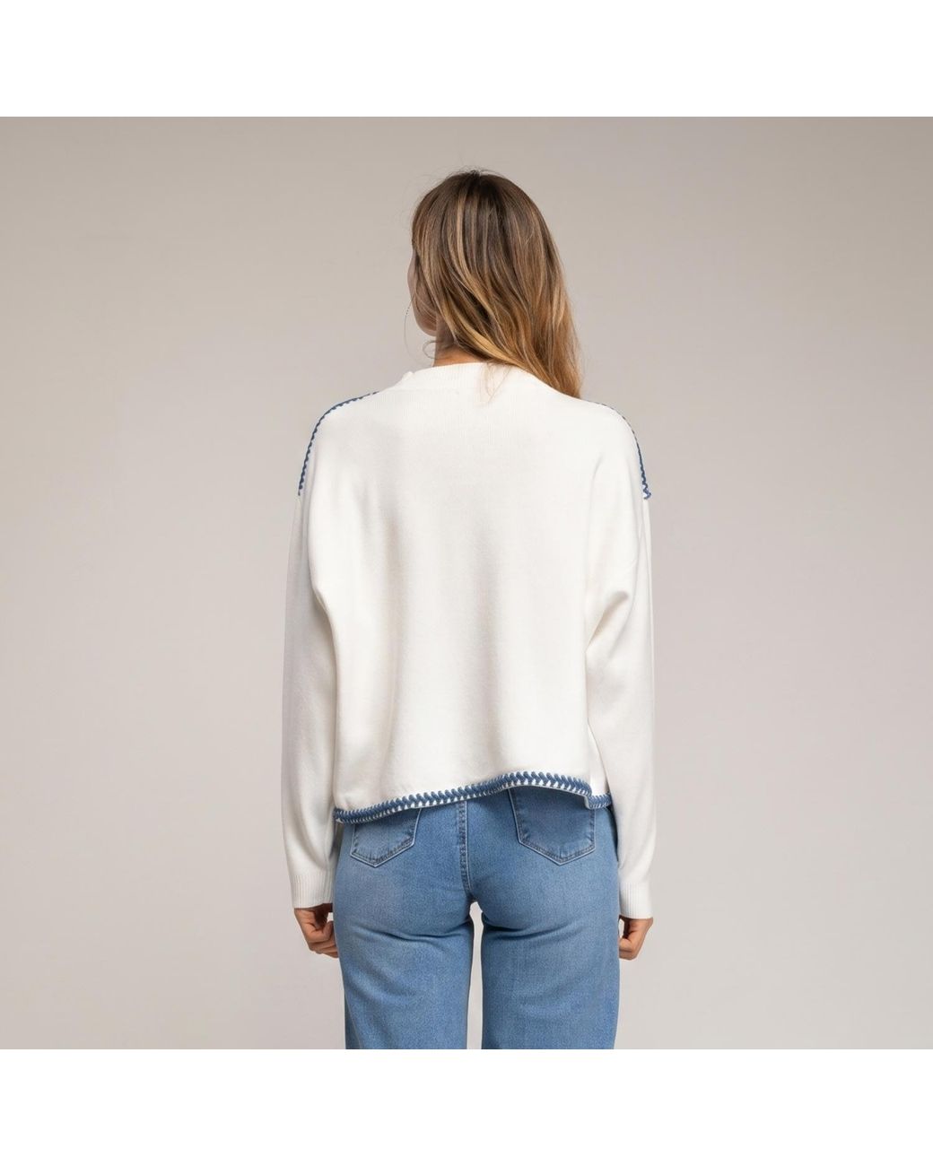 Tantra Spain Sl White Oversized Knit Sweater With Topstitching Detail On Hem And Shoulders