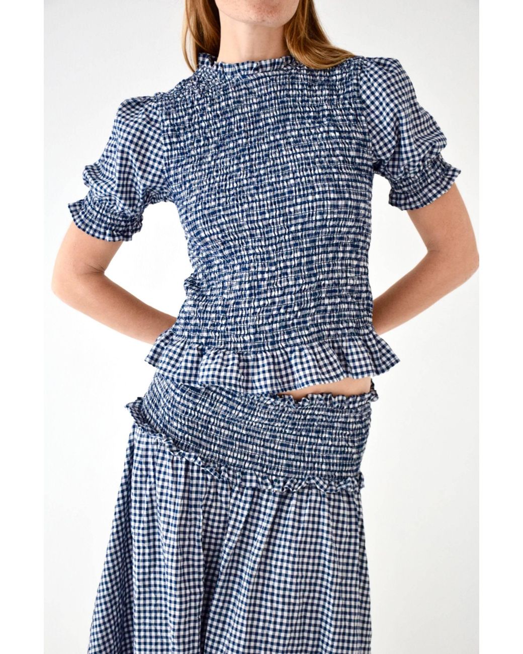 Mind Traveler Blue Gingham Smocked Lea Crop Top