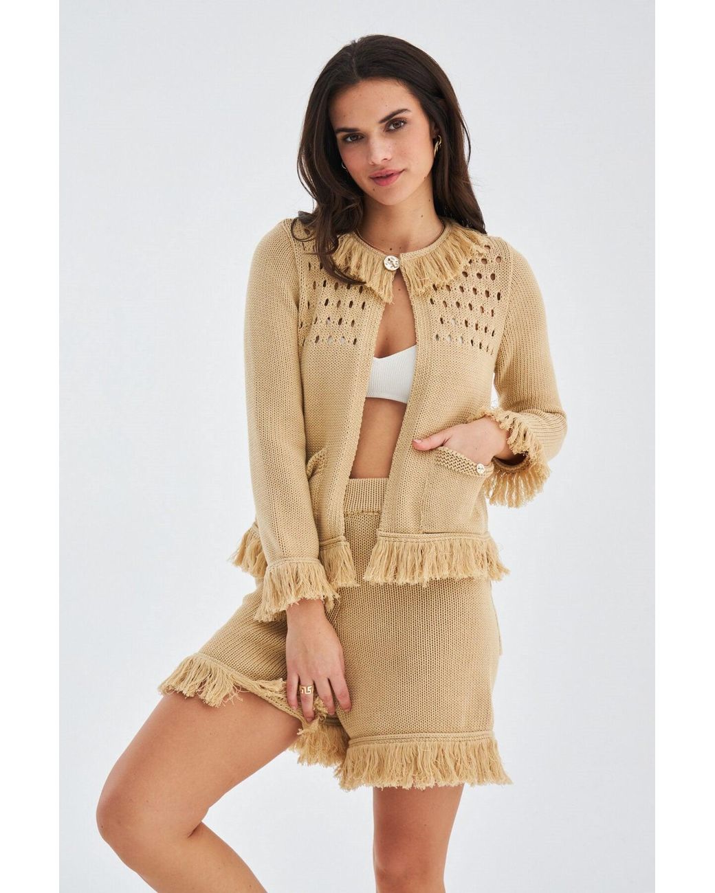 Peraluna Natural Miyoki Knitted Crop Cardigan & Shorts Matching Set