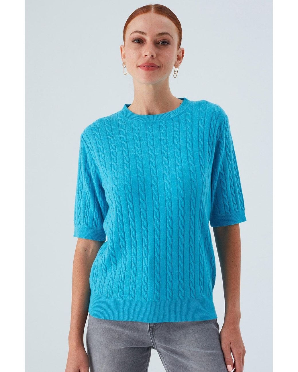 Peraluna Blue Nicole Cable Knit Cashmere Blend Short Sleeve Blouse