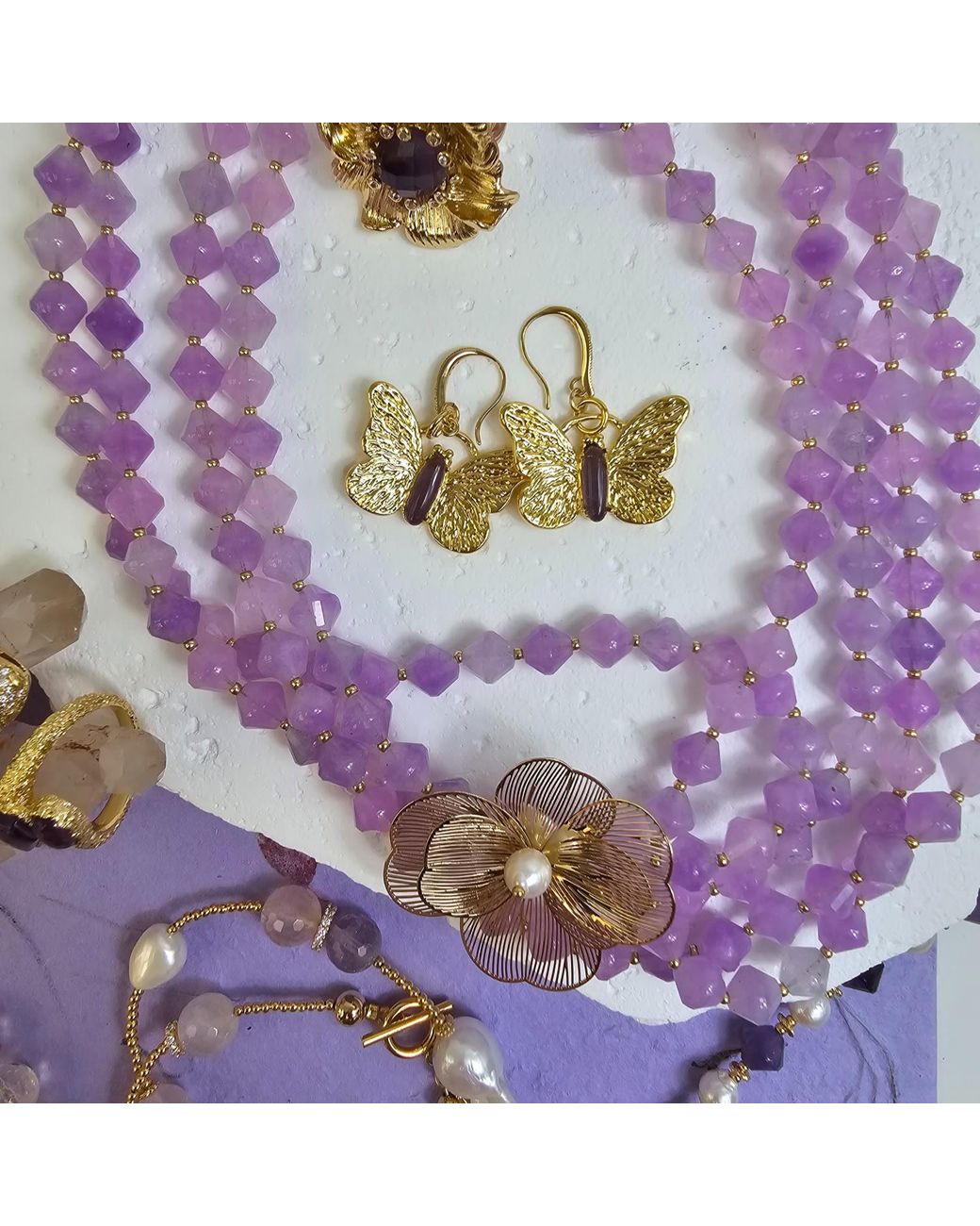 Farra Purple Multi-Layers Jade With Flower Charm Necklace