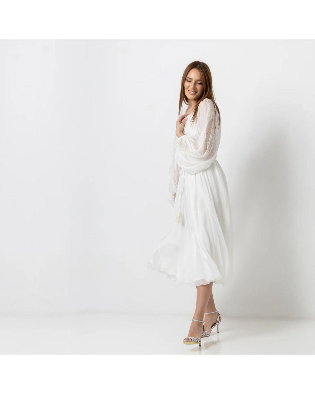 IZABELA MANDOIU White Midi Silk Voile Dress With Macramé Insets And Adjustable Waist