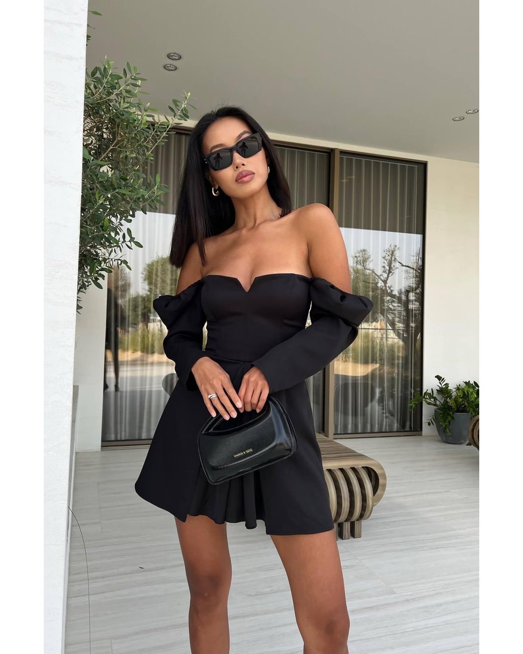 POST MERIDIEM Black Long Sleeve A-Line Mini Dress