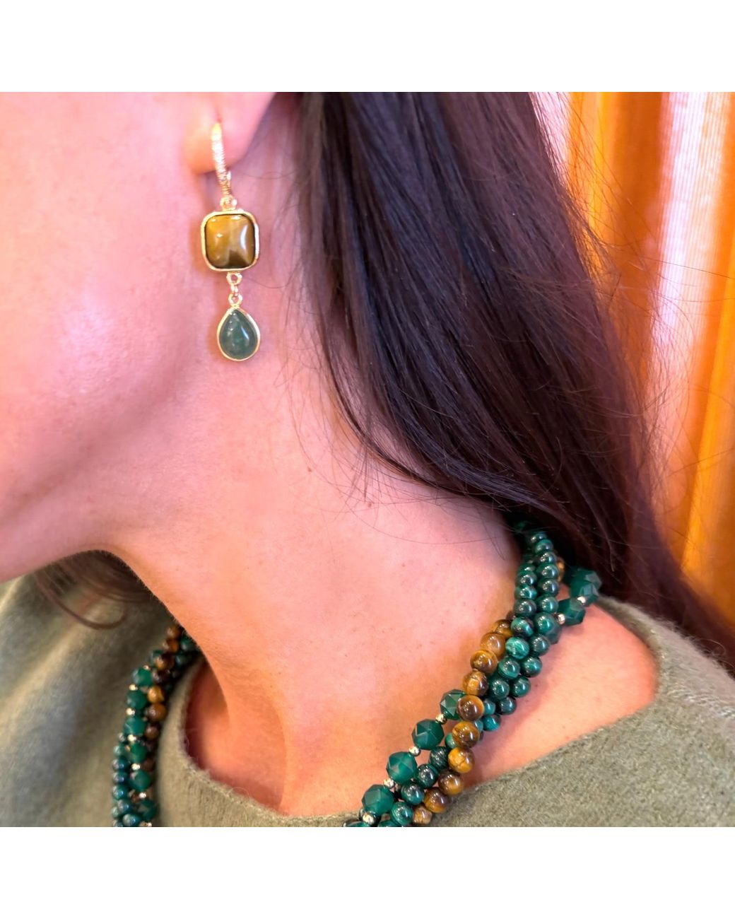 Farra Green Tiger-Eye Stone And Teardrop Aventurine Dangle Earrings