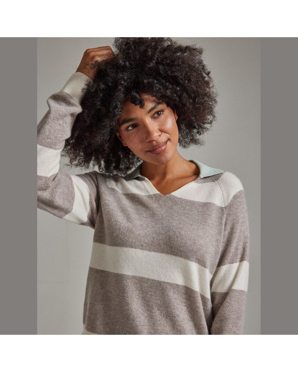 Salts Cashmere Gray Split Neck Polo Stripe Sweater