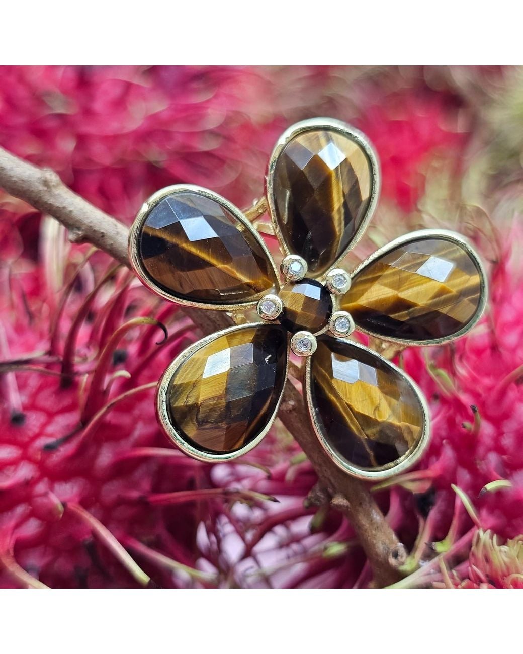 Farra Brown Flower Shaped Tiger-Eye Stone Cocktail Ring