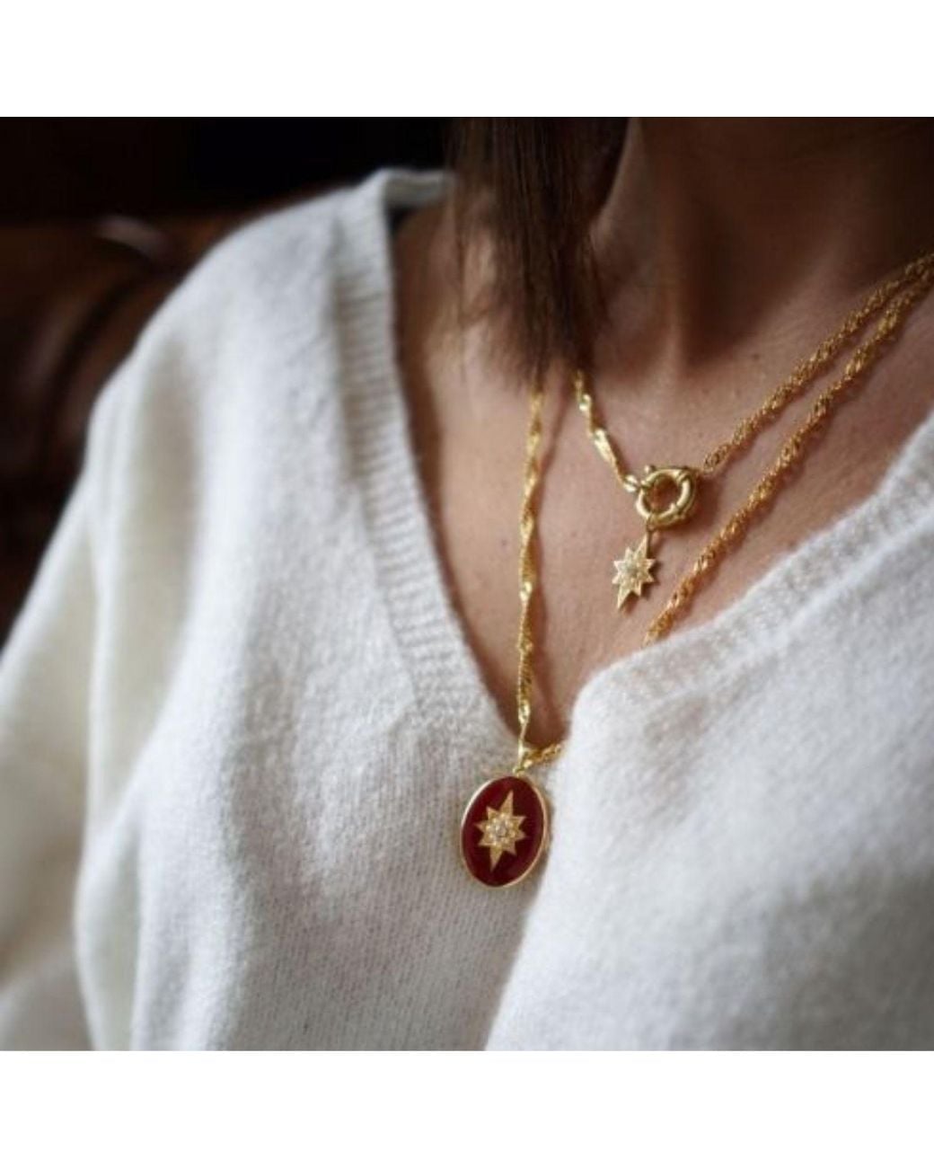 LINYA JEWELLERY White Clared Enamel Pole Star Locket Necklace
