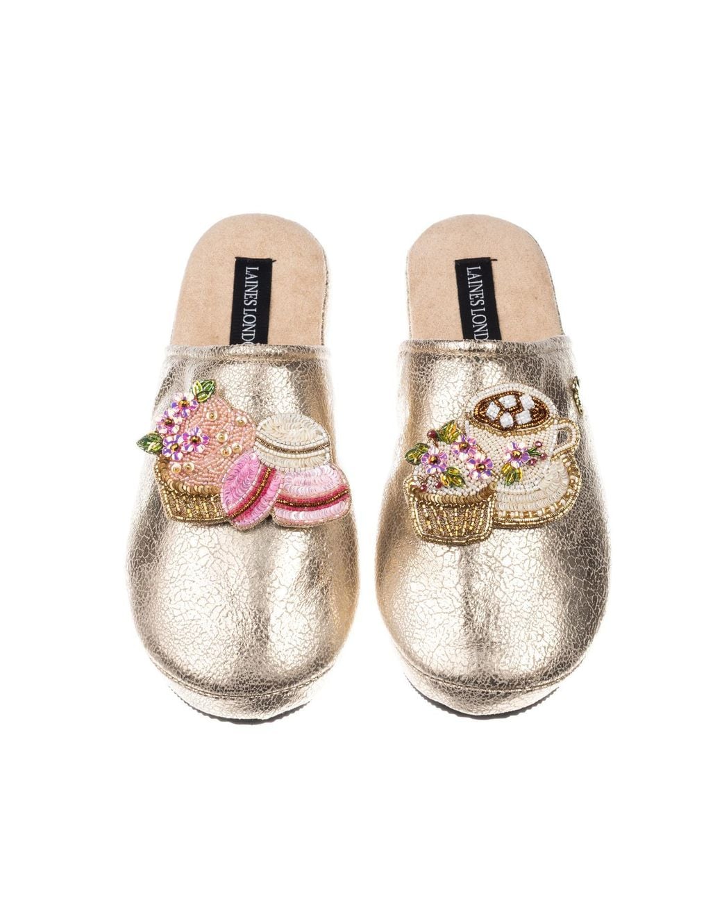 Laines London Metallic Softie Slippers With Macaroon Brooches