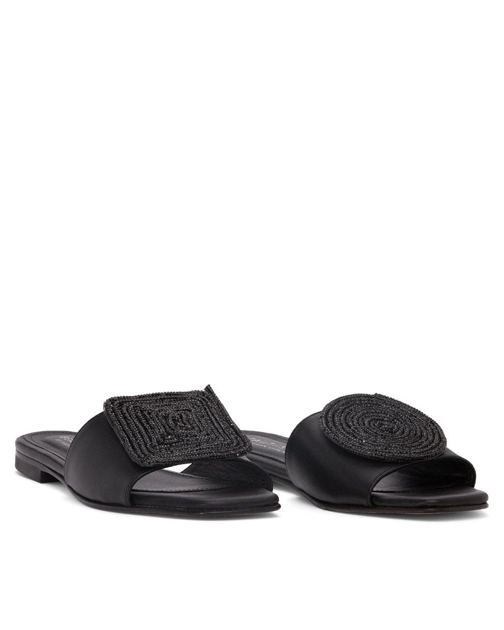 Beautiisoles by Robyn Shreiber Made in Italy Black Adeline Leather Flat Sandal Comfortable & Sexy Work & Valentine Evening Slide