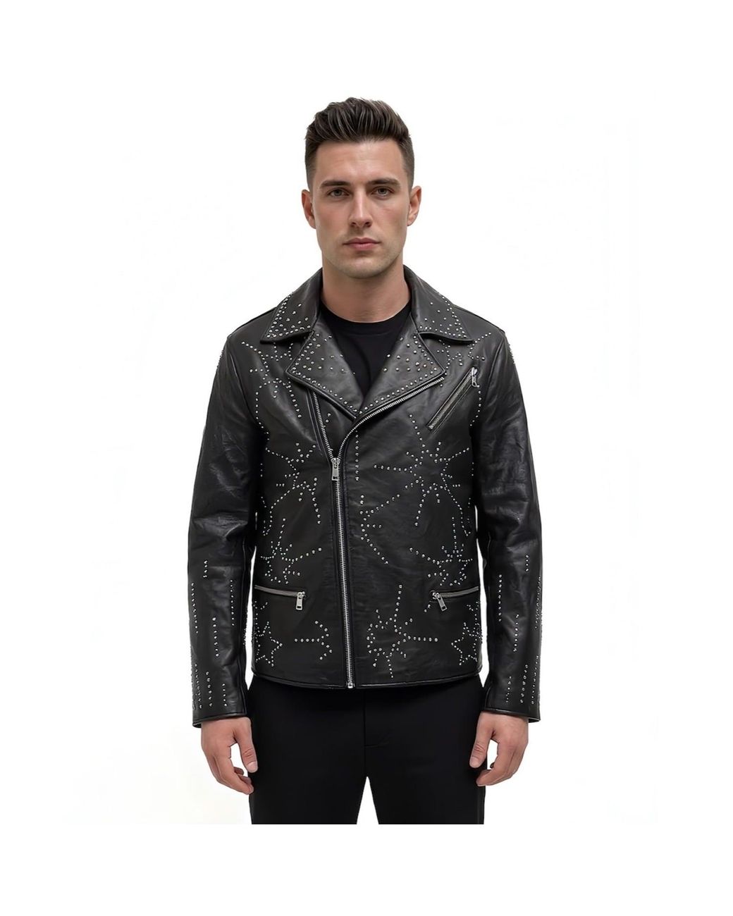 Any Old Iron Black Studded Starburst Leather Jacket for men