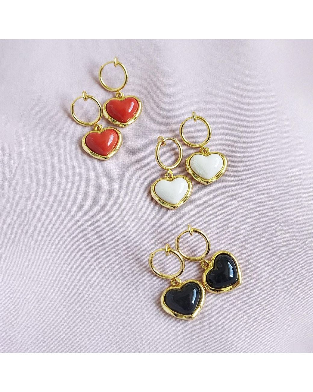 POPORCELAIN Red Porcelain Heart Clip-On Hoop Earrings