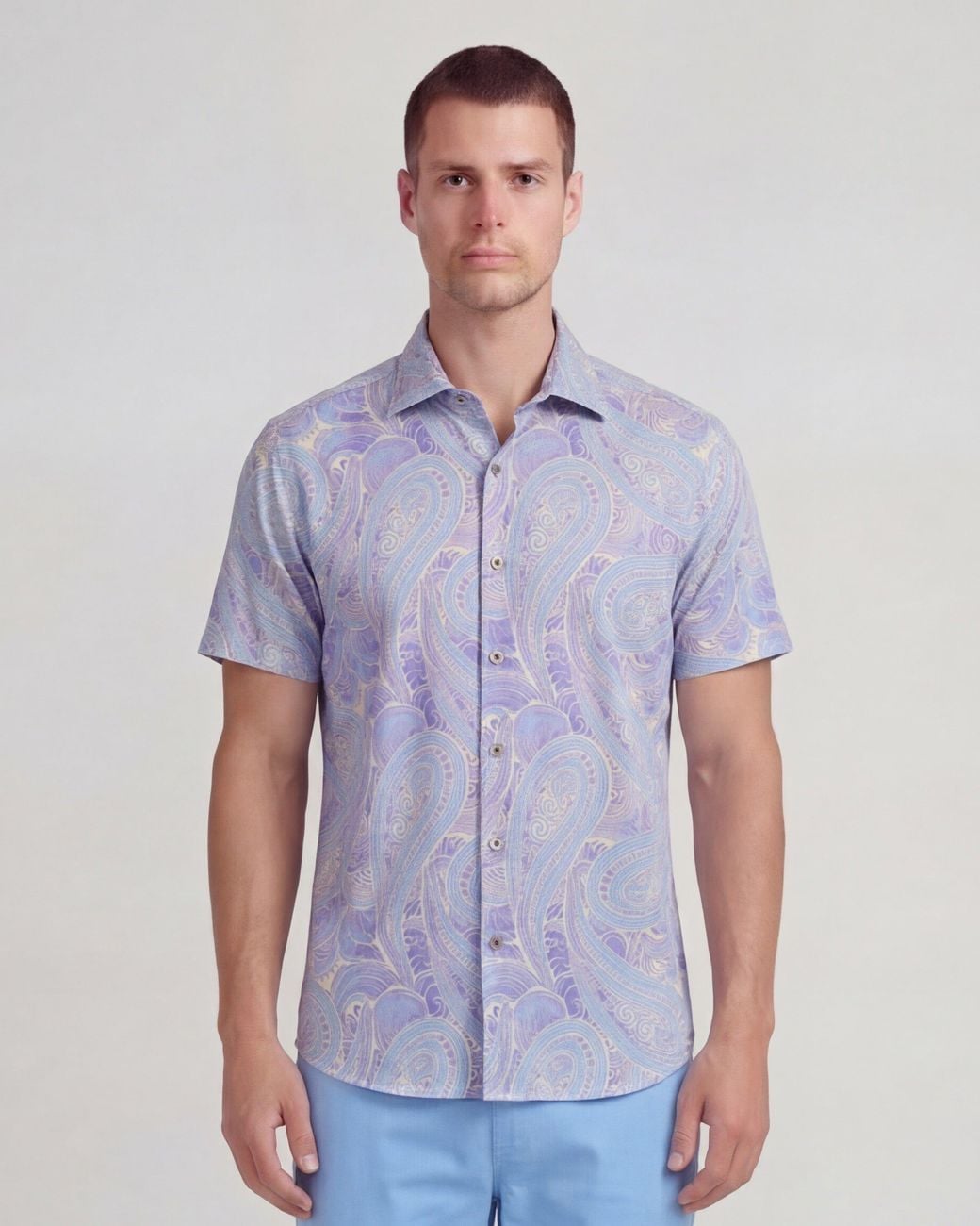 Lords of Harlech Blue Tyler Marakesh Paisley Helio Short Sleeve Shirt for men