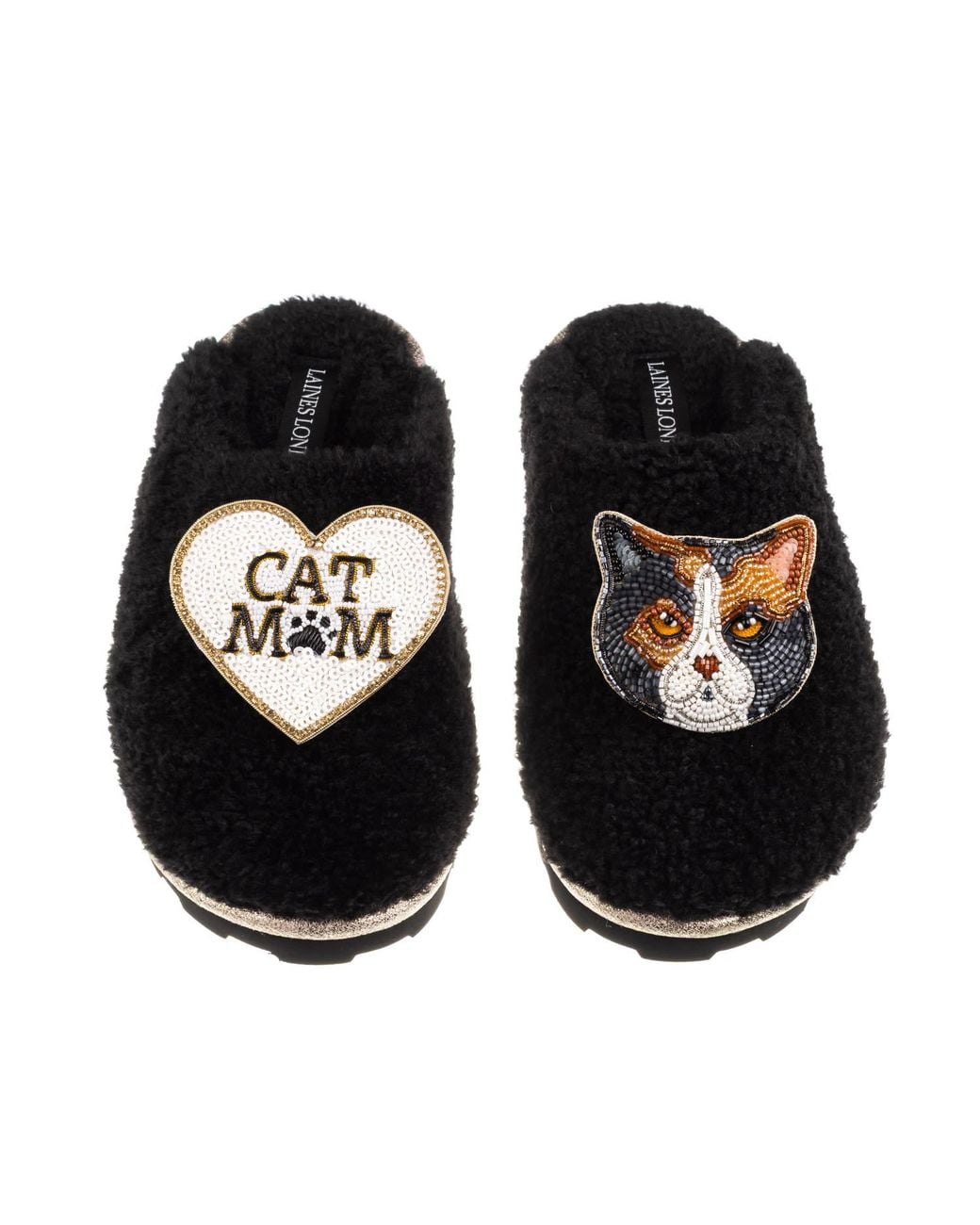 Laines London Black Teddy Closed Toe Slippers With Cat Mum/Mom & British Shorthair Cat Brooches