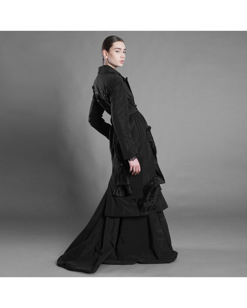 Silvia Serban Black Metallic Thread Taffeta Trench Dress