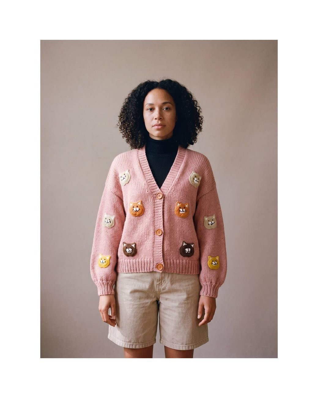 Ana Chic Pink Cat Motif Handmade Knitted Cardigan