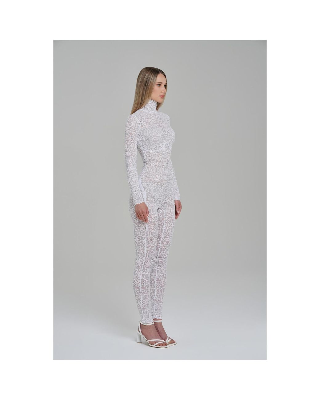 Monosuit Gray Bridal Sheer Floral Lace Turtleneck Catsuit