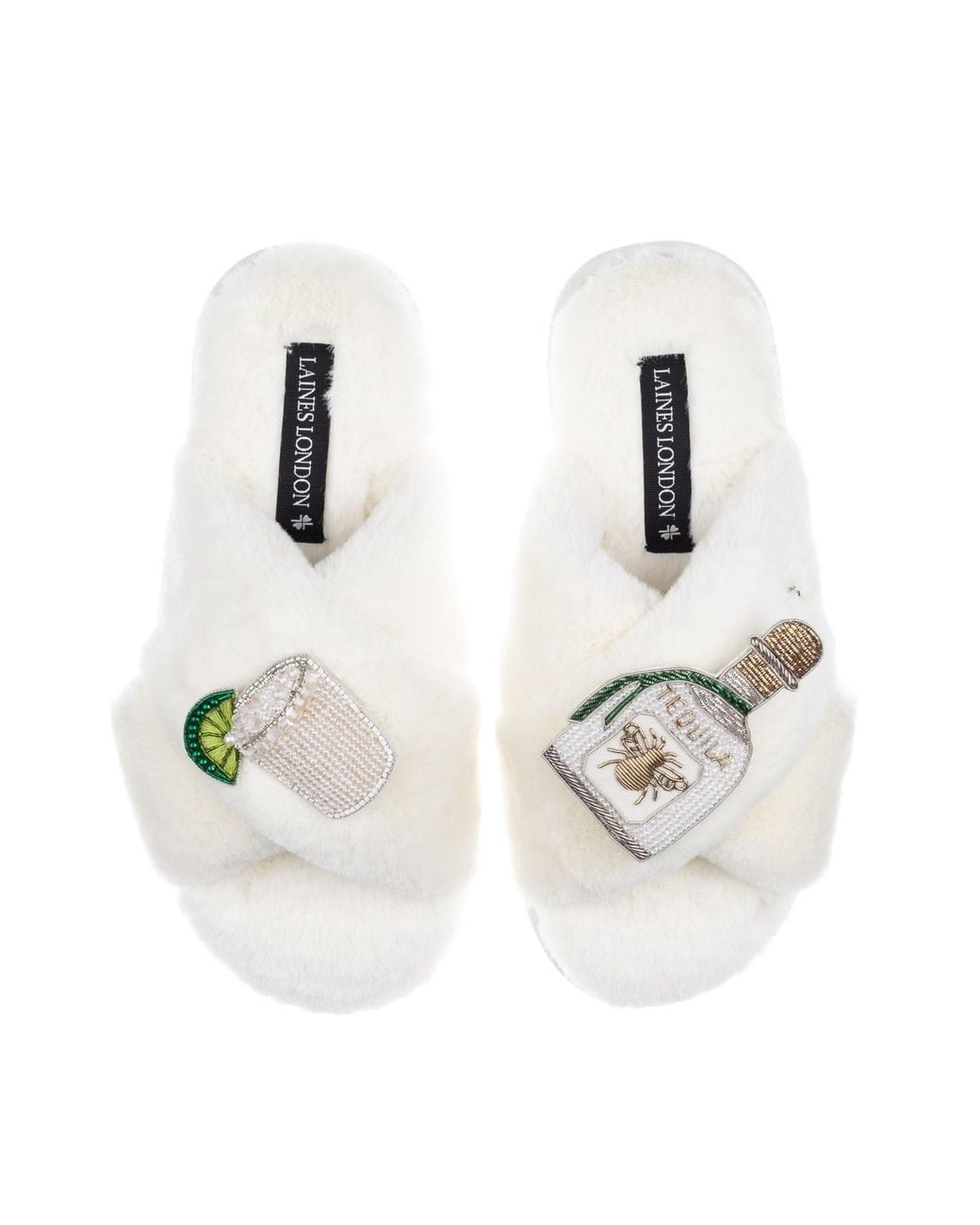 Laines London White Neutrals Classic Laines Slippers With Agave Tequila Brooches