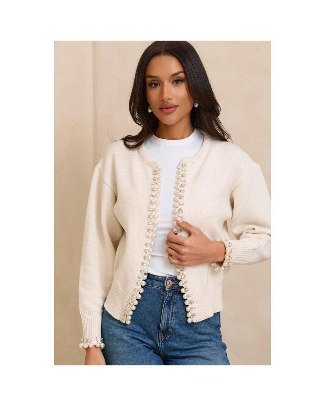 Saachi White Pearl & Crystal Trim Cardigan