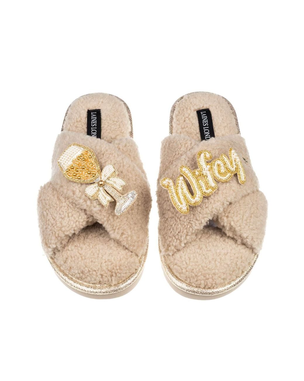 Laines London Natural Neutrals Neutral Boucle Slippers With Wifey & Champagne Brooches