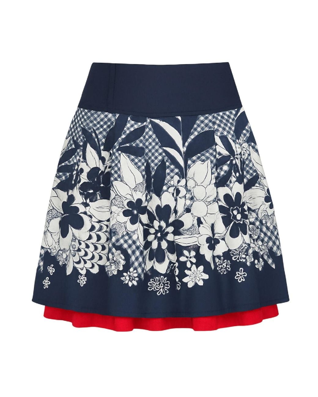 Conquista Blue Floral Skirt With Underskirt & Denim Waist – Cotton Poplin