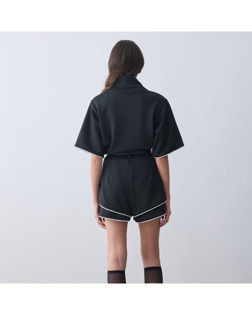 Thisisu Collection Blue Mira Padded-Shoulder High-Neck Top