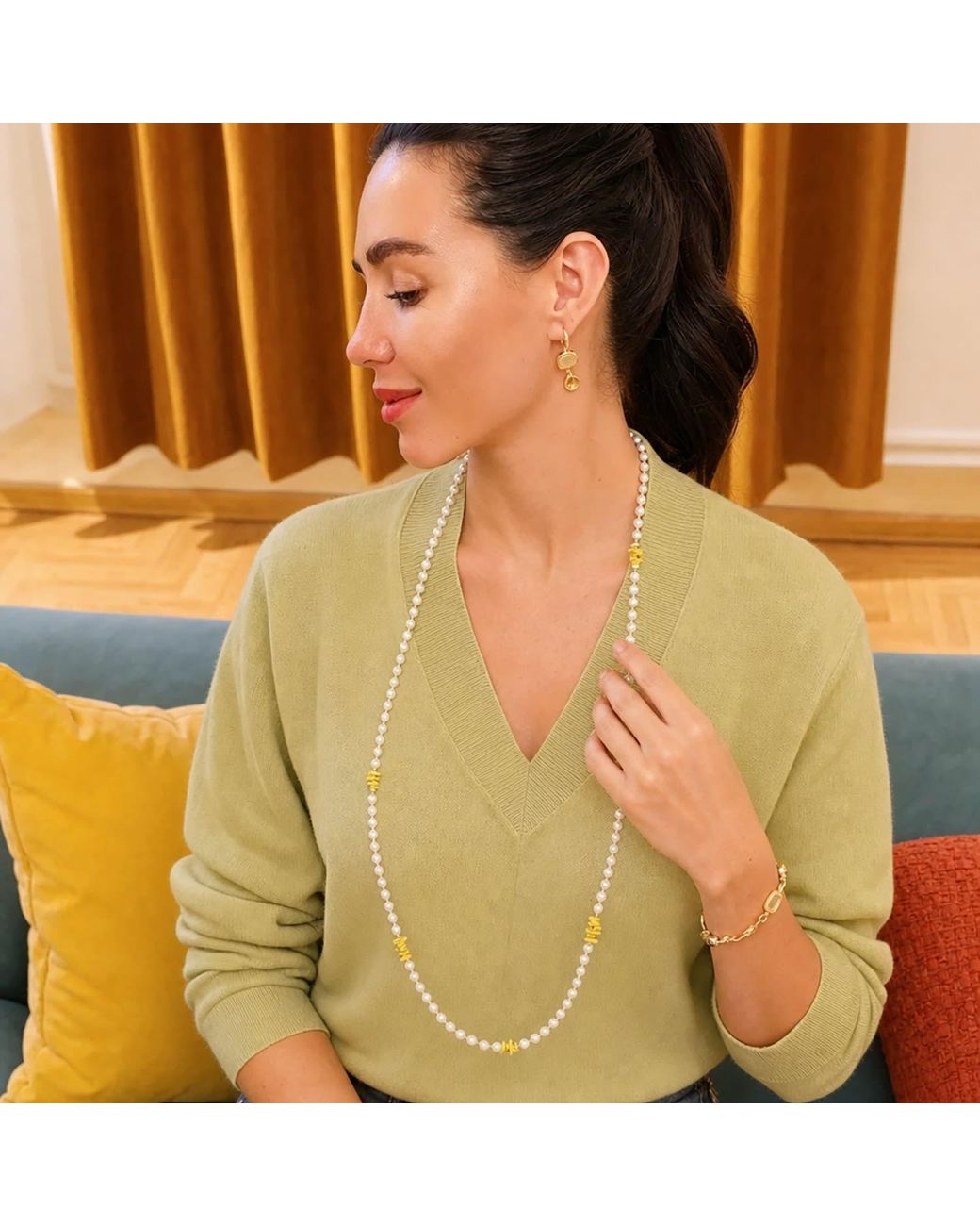 Farra Metallic Freshwater Pearl With Bamboo Coral Long Necklace