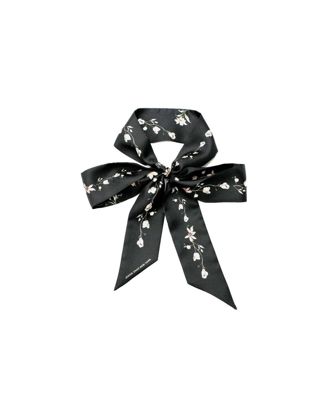 Jessie Zhao New York Black Silk Skinny Scarf Starlit Bloom