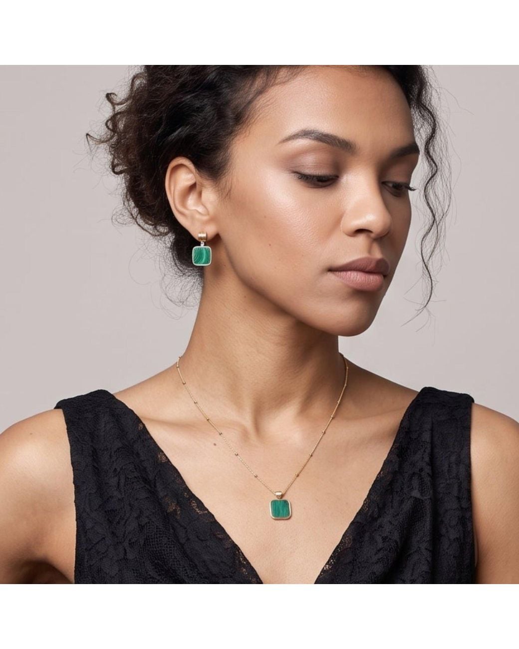 Uchi and Soto Green Shikaku Solid 925 With 18K Vermeil & Malachite Square Drop Earrings