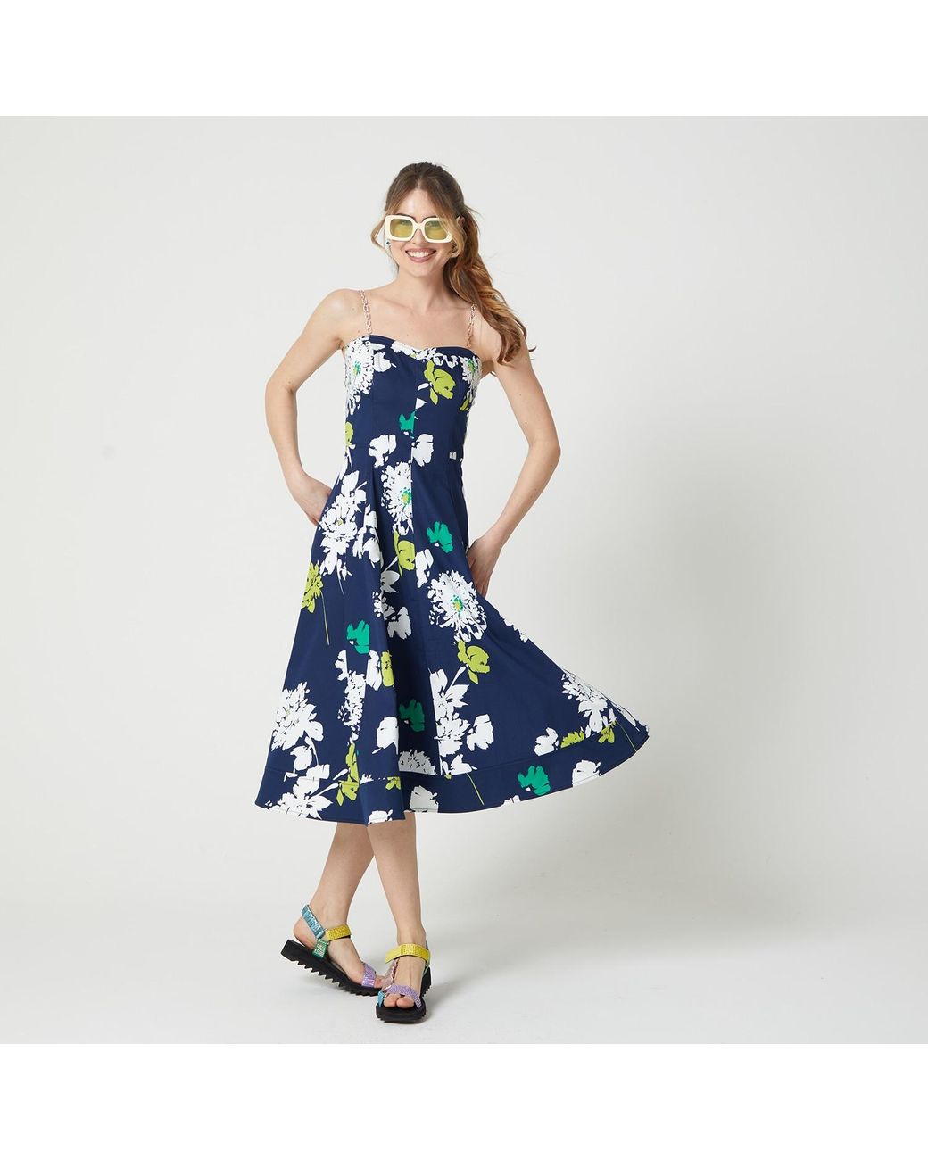 Lalipop Design Blue Two Chain-Link Shoulder Straps Midi Dress