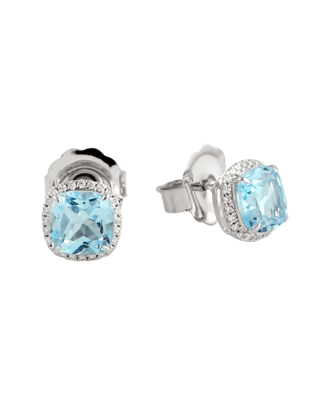 Artisan Blue 14K Cushion Cut Swiss Topaz & Diamond Halo Stud Earrings
