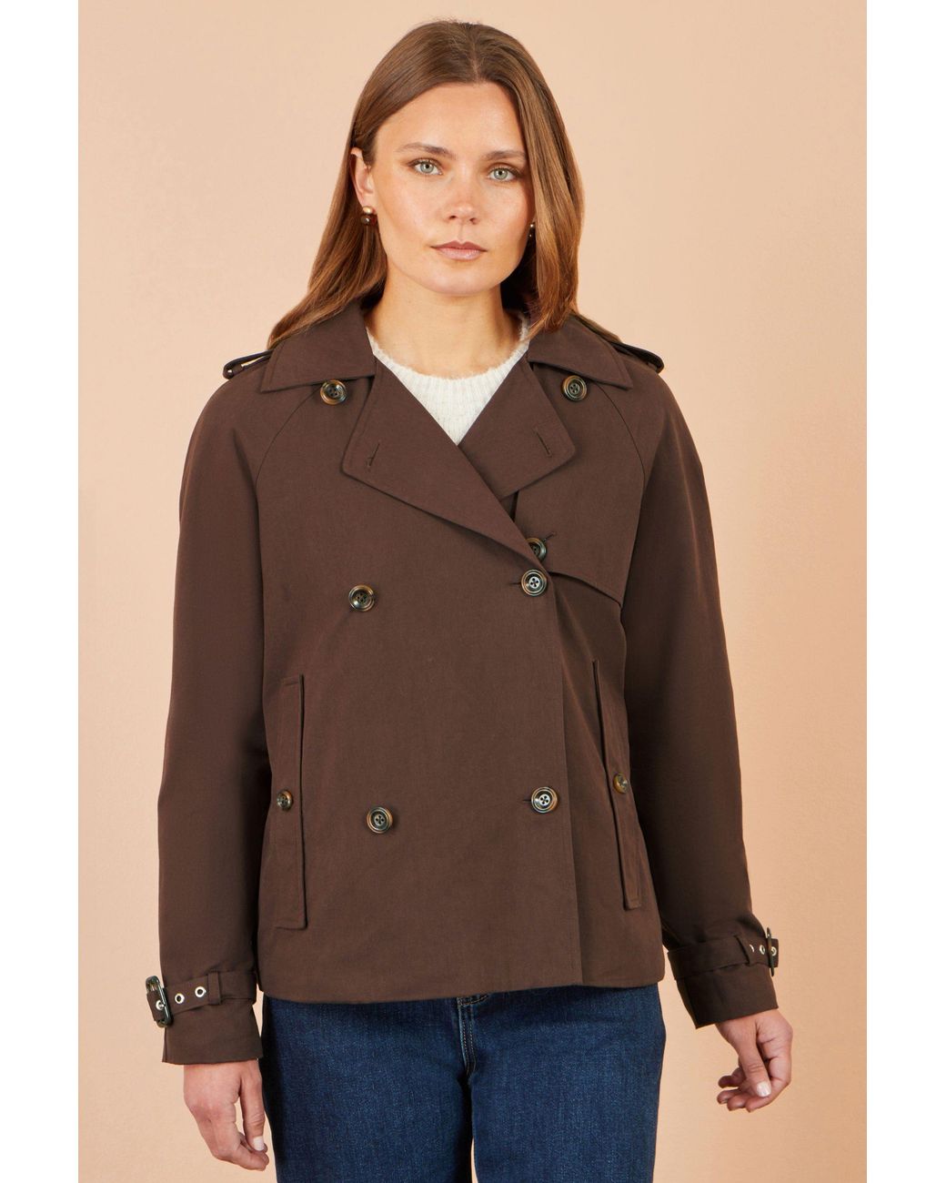 Yumi' Brown Cropped Trench Coat With Check Lining