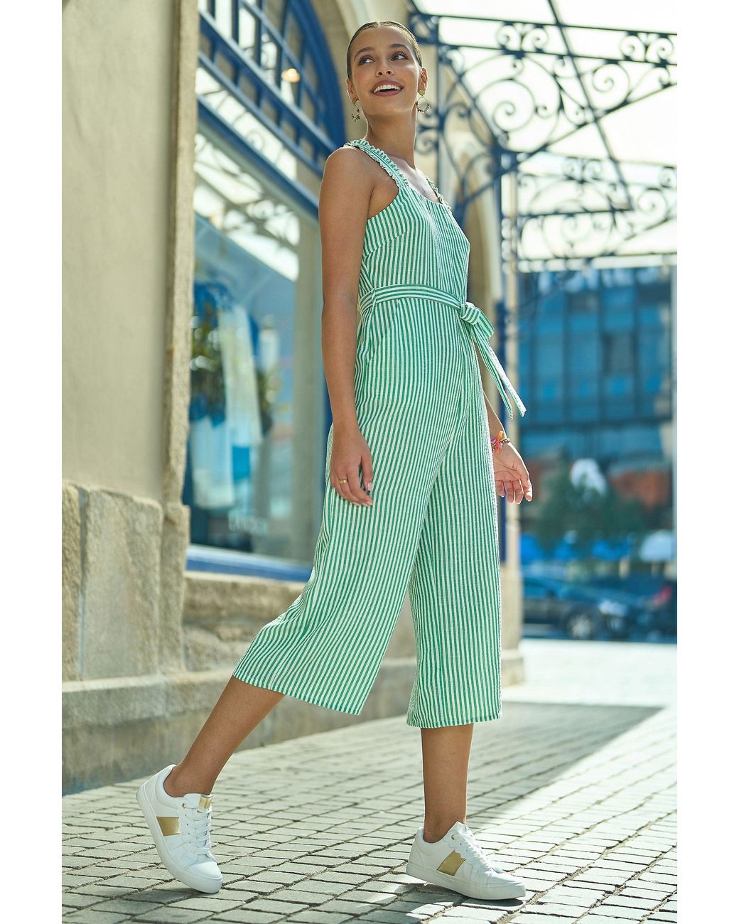 Yumi' Green Stripe Strappy Jumpsuit