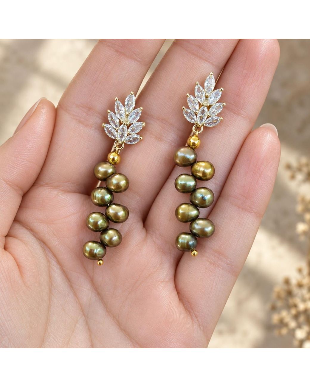 Way to Chic Metallic Freshwater Pearl Crystal Leaf Statement Earrings