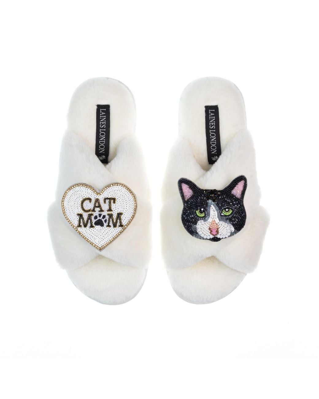 Laines London White Classic Laines Slippers With Cat Mum/Mom & Oreo Cat Brooches