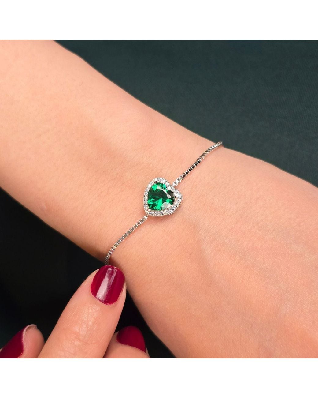 Sophelia Metallic Emerald May Birthstone Love Heart Charm Sterling Bracelet