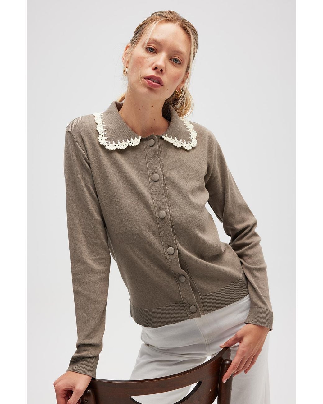 Peraluna Natural Laila Flat Knit Polo-Neck Cardigan