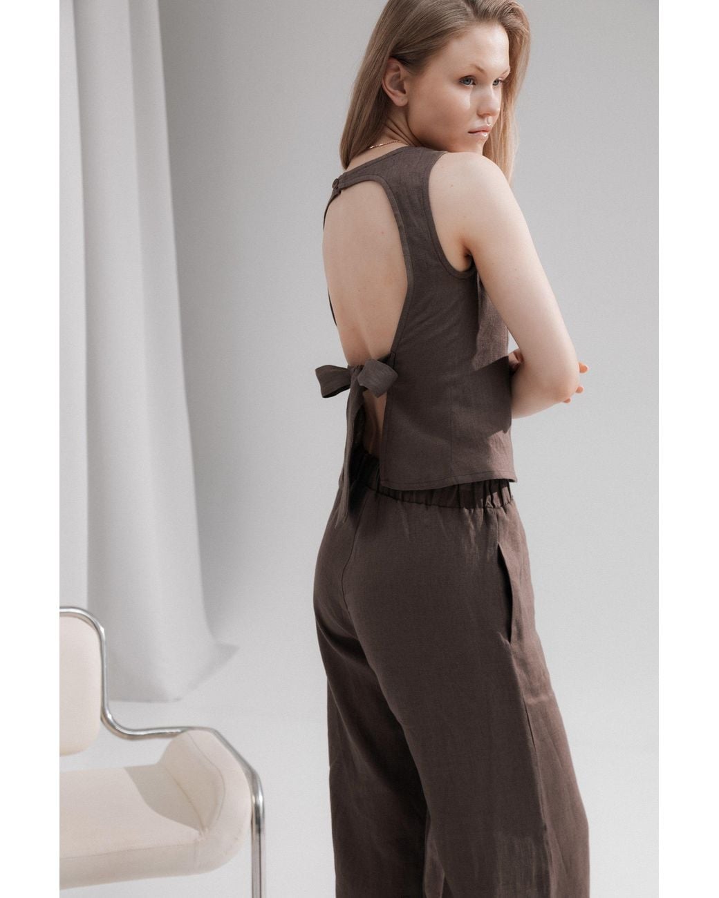 Idyllo Brown Linen Open Back Top With Tie