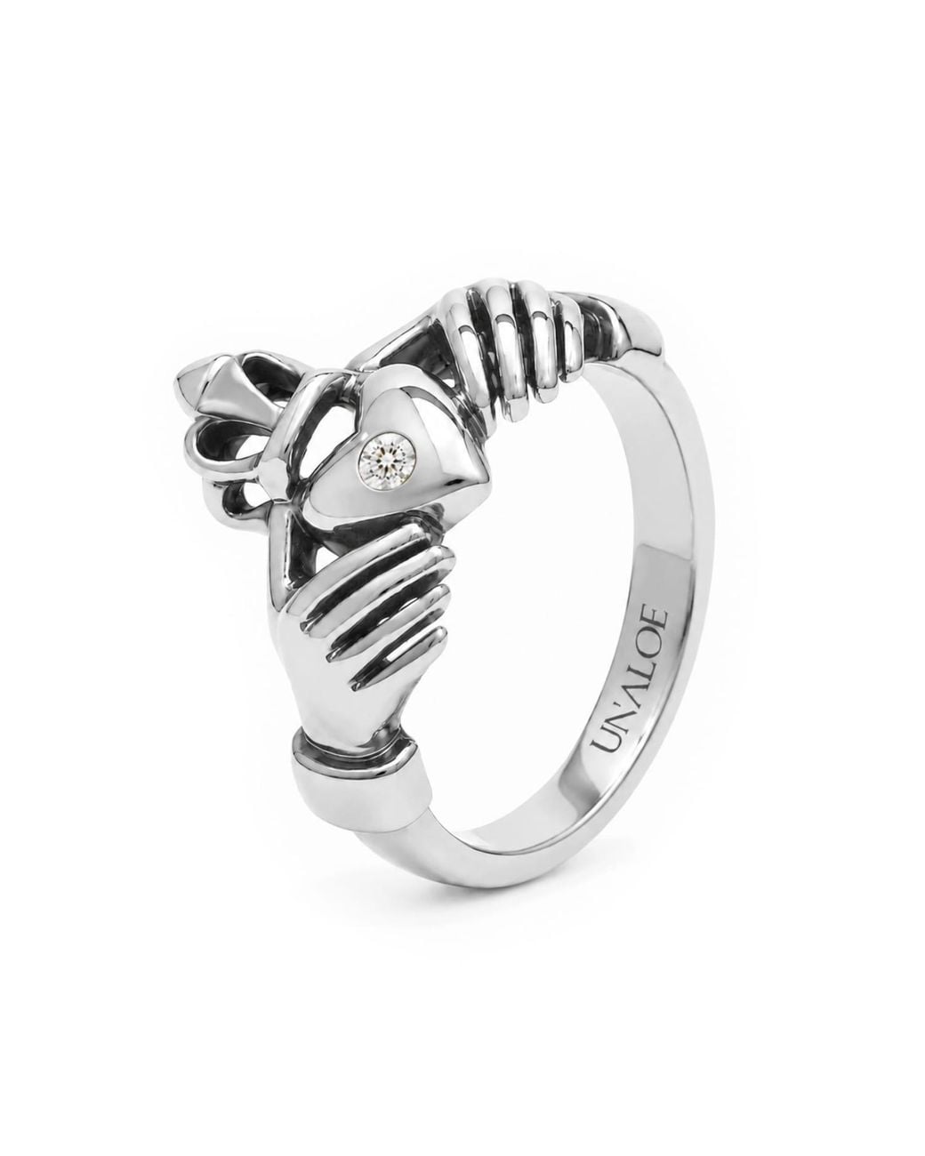 Unaloe Metallic Diamond Heart With Hands Ring – Sterling