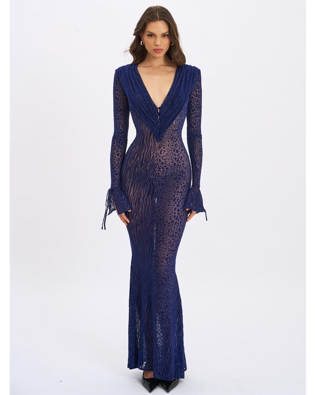 Miss Circle New York Blue Ilyse V-Neck Plunge Animal Print Mermaid Hem Maxi Dress