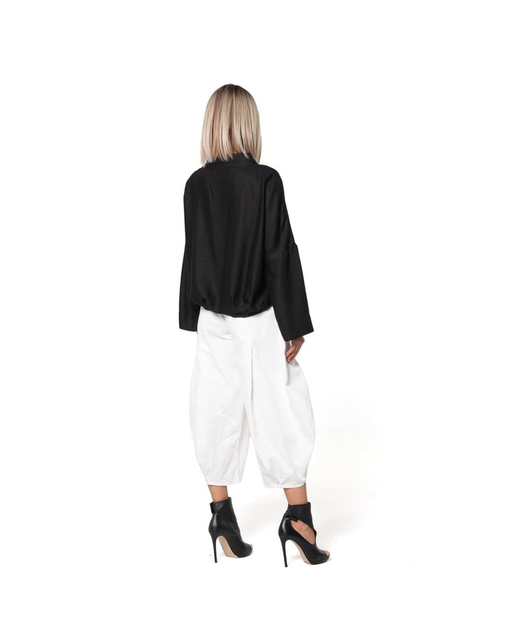 Metamorph Black Oversized Blouse With Stand Collar And Gathered Hem