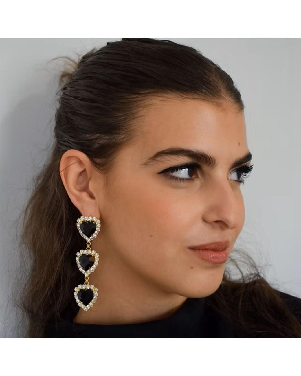Achala Handcrafted Black Via Dell' Amore Crystal Long Heart Earrings