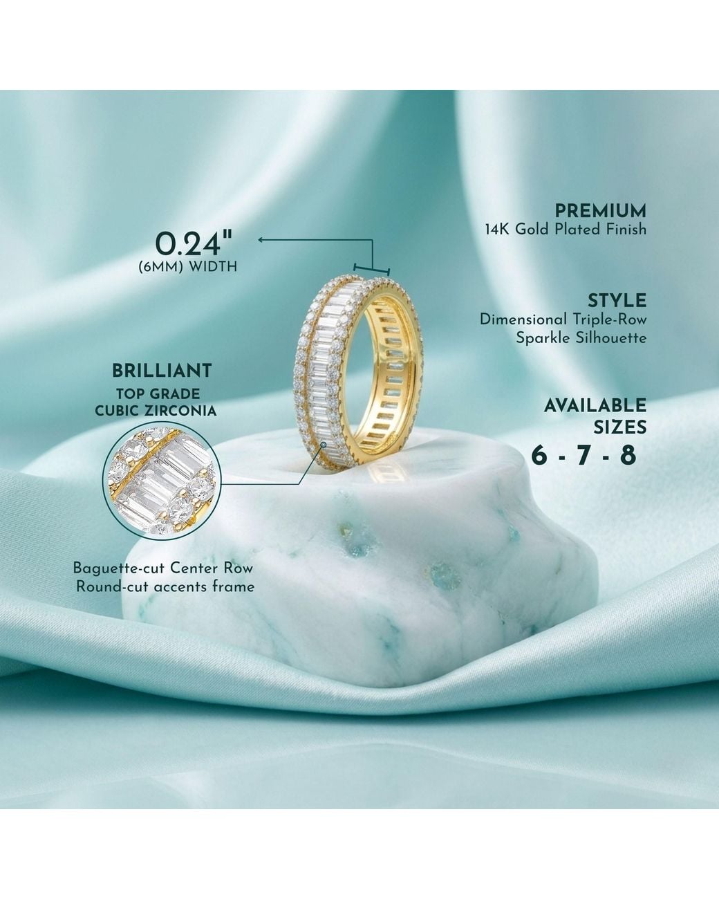 Genevive Jewelry Metallic Rachel Glauber Plated Baguette Cubic Zirconia Wide Band Ring