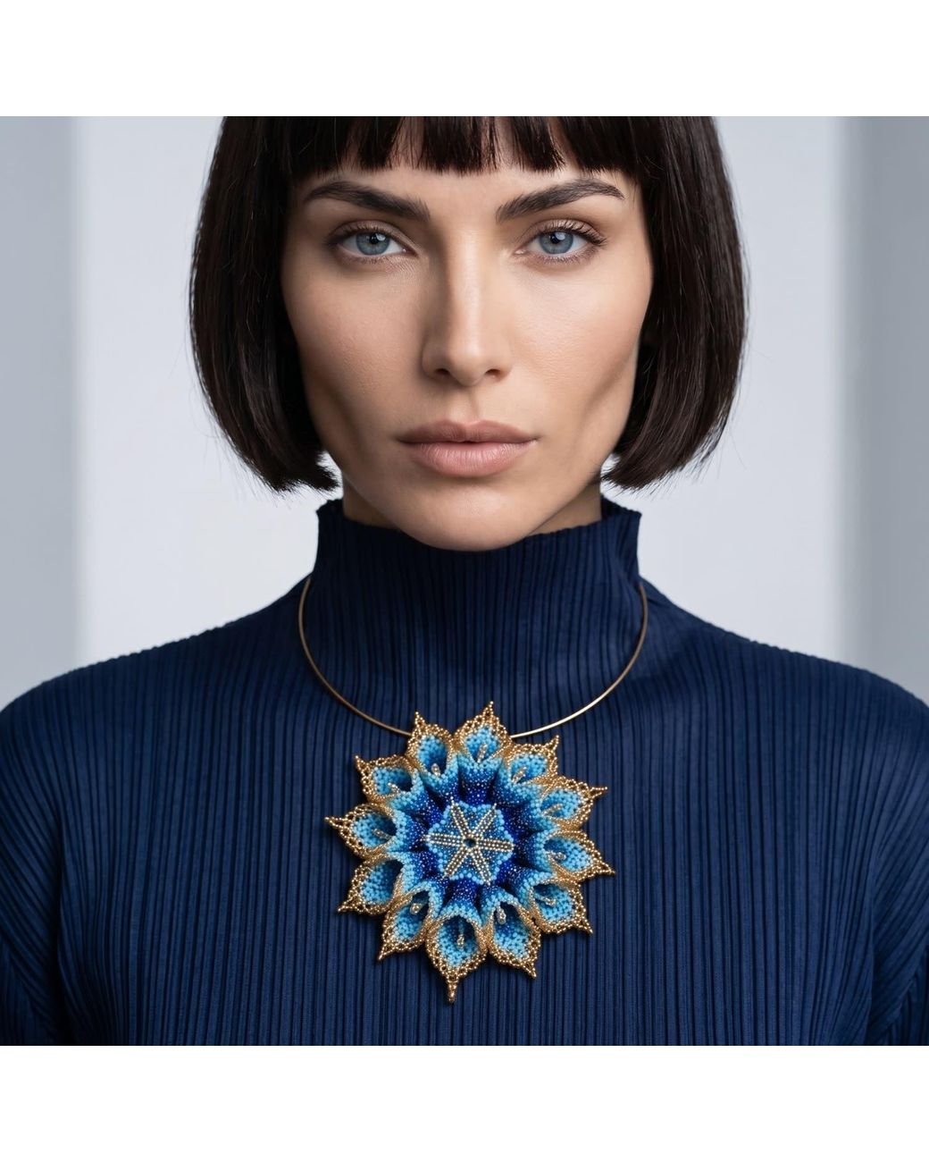 Iliana Arrazola Blue Dahlia Flower Choker, Glass Beads, Beaded Jewelry
